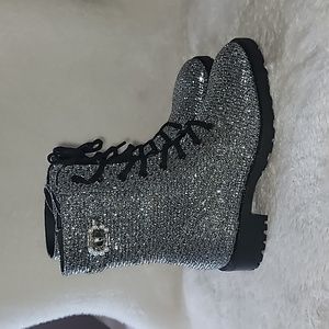 STUART WEITZMAN Women Dazzle Embellished Lame Silver Combat Boots 👢 Size 5.5 B